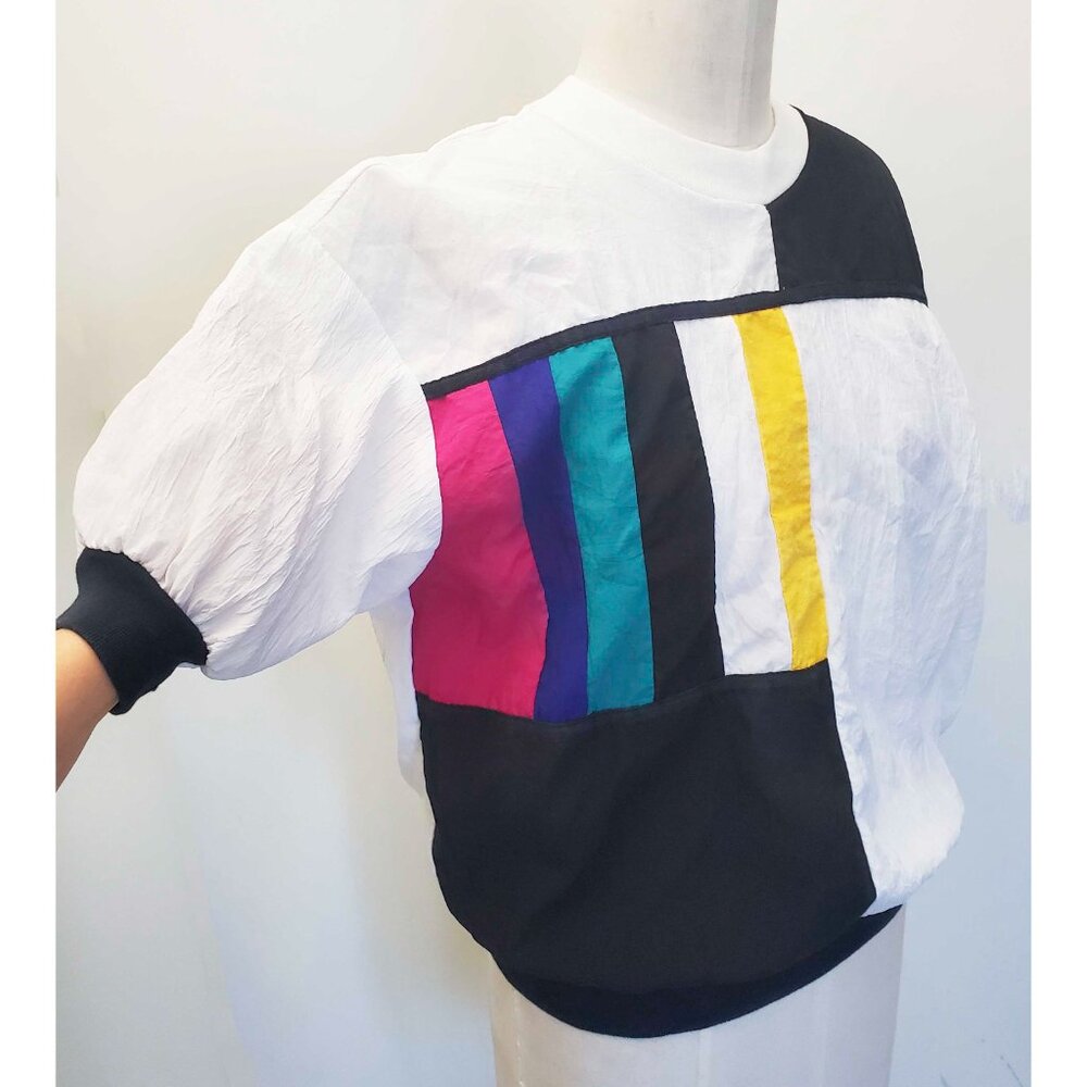 80s Teddi Sport Womens Crinkle Color Block Windbreaker Top Short Sleeve Shirt M - Picture 5 of 9